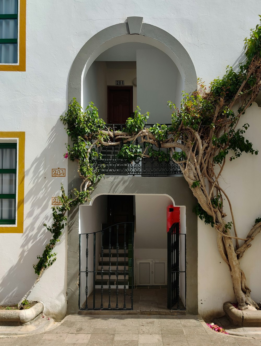 un bâtiment avec une porte et un arbre devant lui