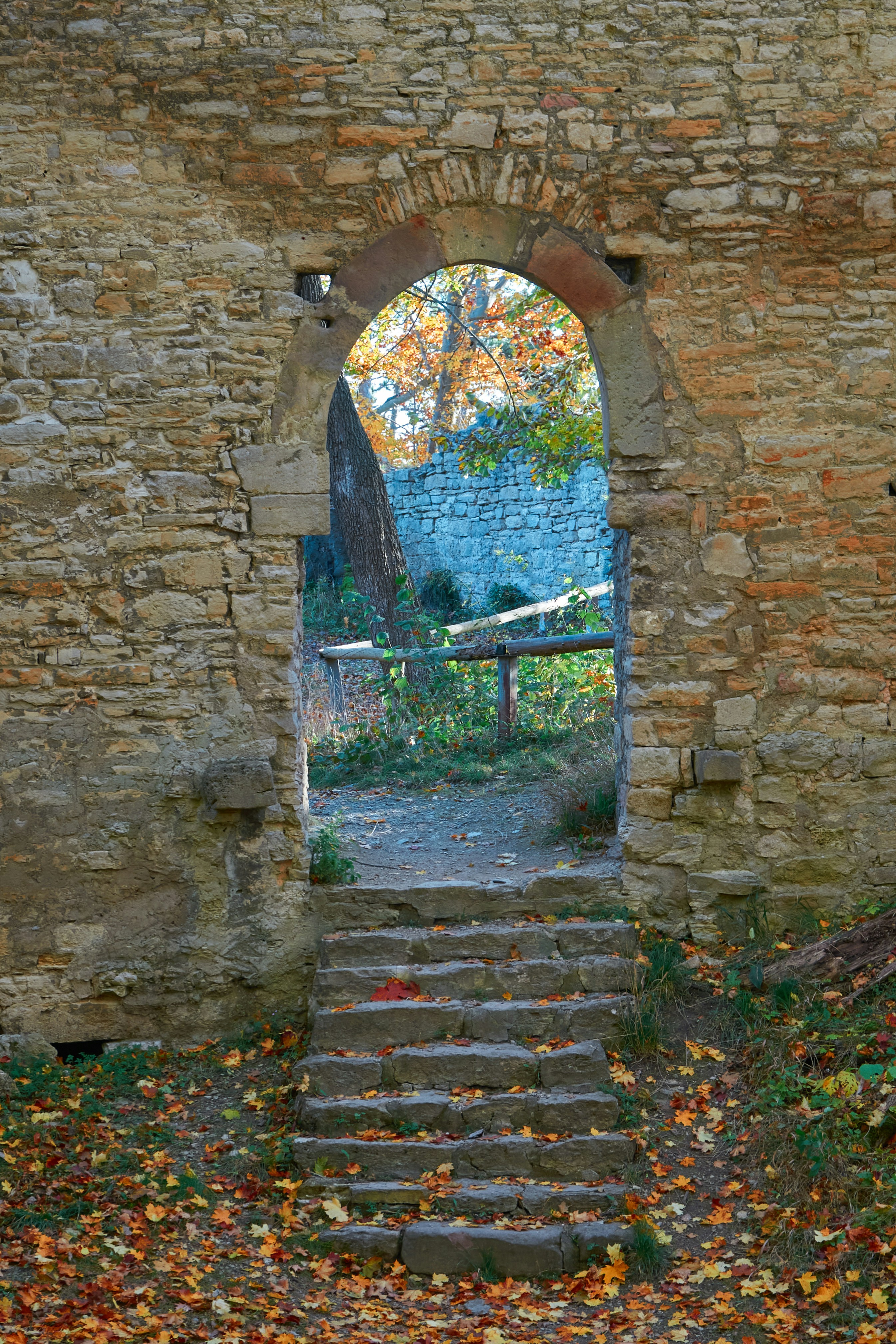 a stone staircase leading to a door