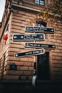 An old building with a formal architectural style serves as the backdrop for a cluster of street signs pointing towards various locations, including 'Bureau de Poste', 'Hotel Dieu', 'Palais de Justice', and 'Notre Dame'. Leaves from a nearby tree add a touch of nature to the urban setting. A small French flag is visible, adding a national touch.