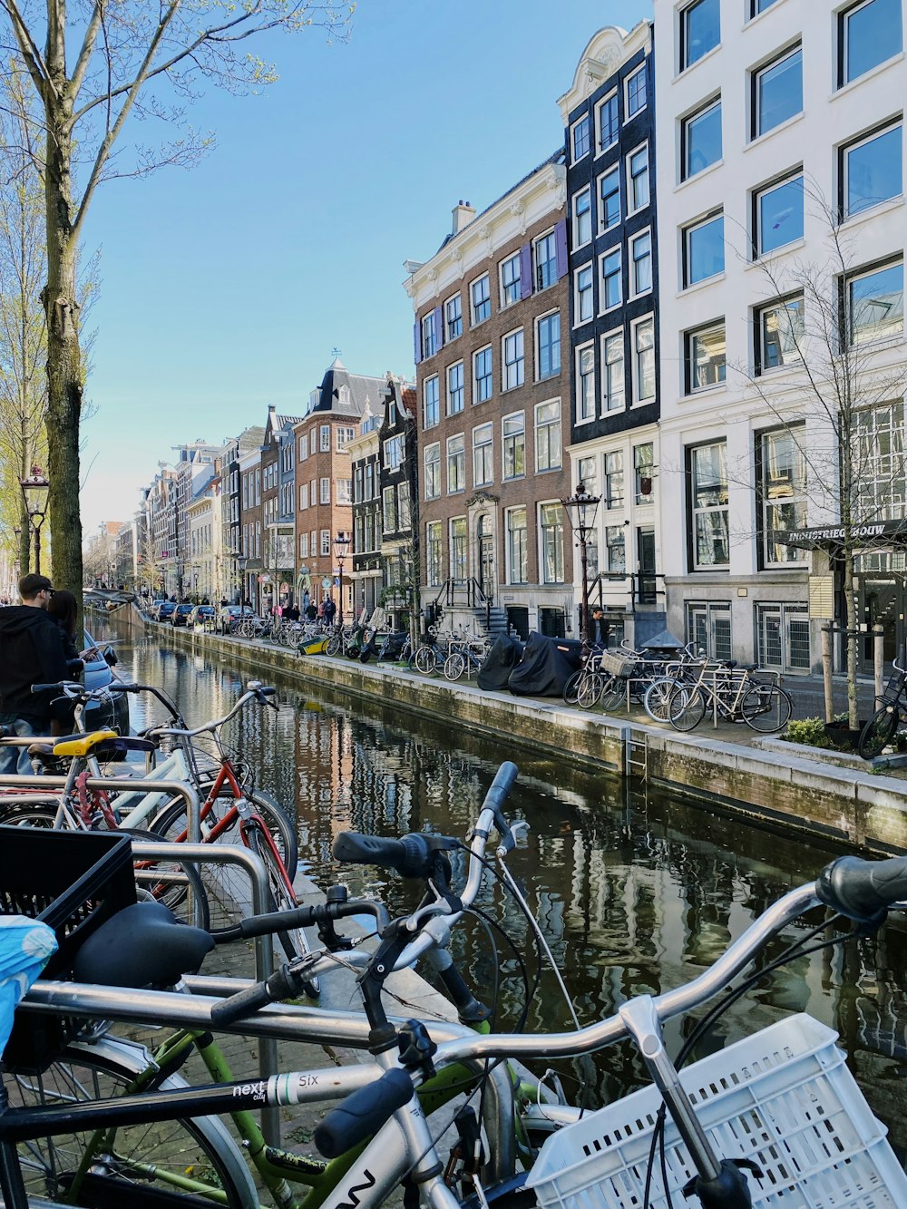 a group of bicycles parked on a sidewalk next to a canal