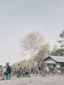 A group of cyclists are gathered at a resting stop by the side of the road. Several bicycles are parked nearby, and people wearing cycling gear are sitting on plastic stools. A leafless tree stands prominently in the background, and a small structure with a corrugated metal roof is visible. The scene appears relaxed and informal.
