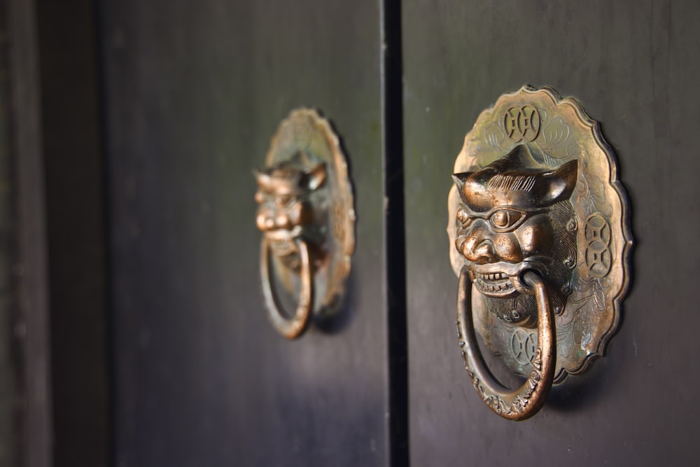 a couple of metal doors with faces carved into them