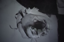 A black and white artistic image of a dancer elegantly captured in motion. The figure is curled inward, with flowing garments that suggest dynamic movement and grace. The focus is on the blurred, ethereal quality of the movement, providing a sense of fluidity.