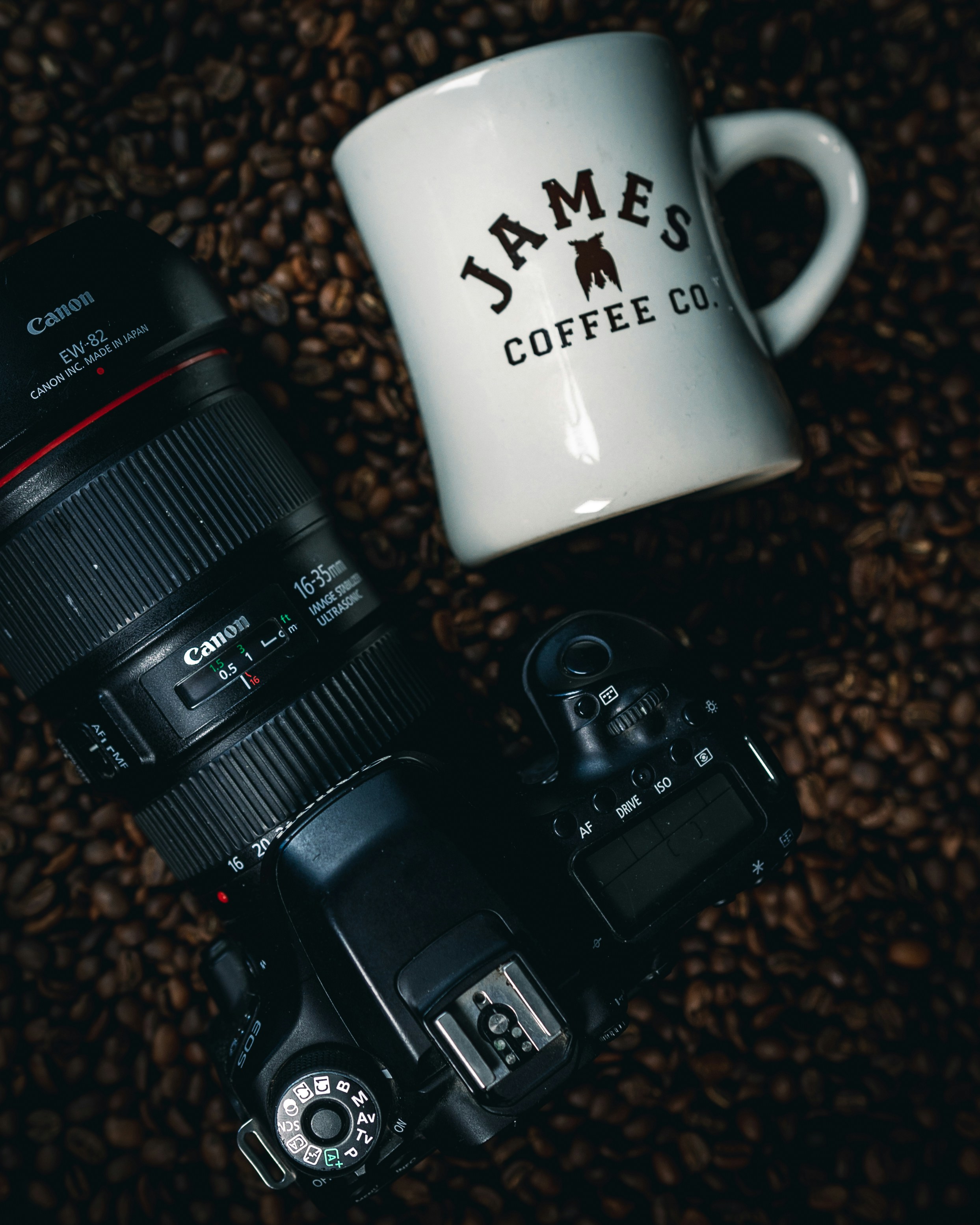 a coffee cup and a camera
