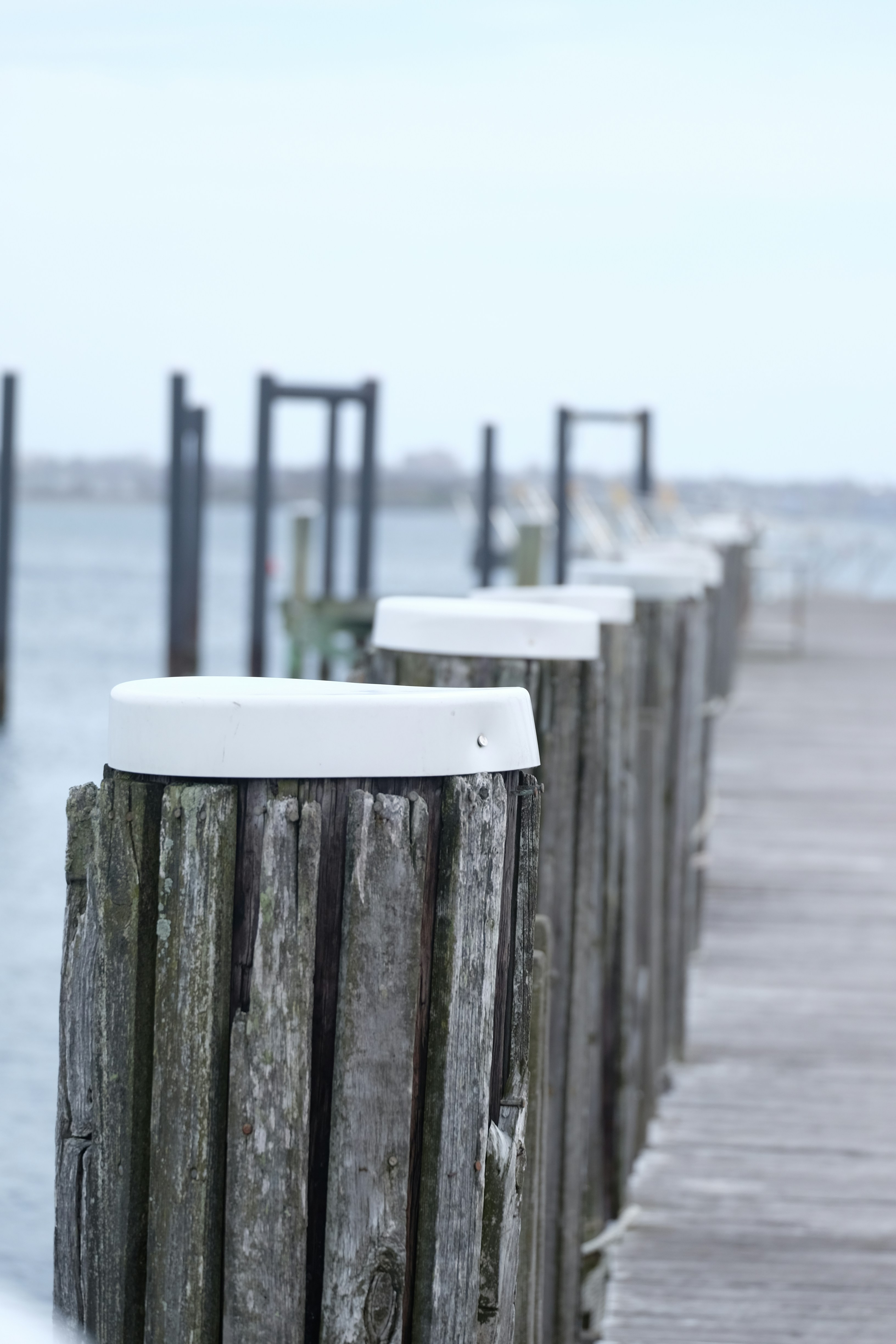 a wooden dock with a white object on it