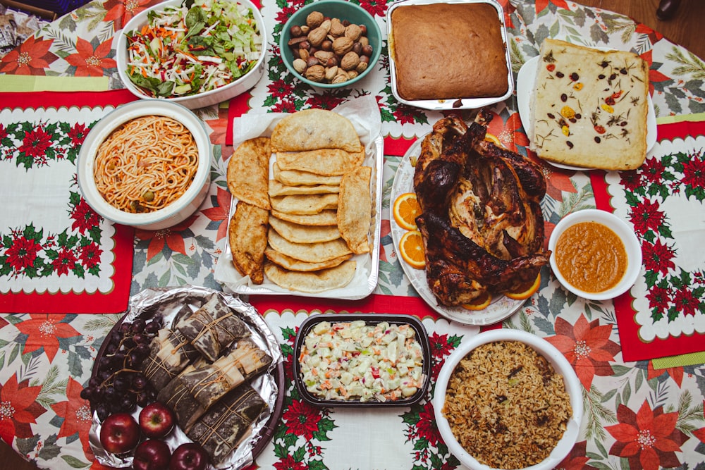a table is filled with food