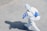 A person wearing a full protective suit, complete with a hood and respirator, is walking on a tiled surface. They are carrying a blue spray apparatus, likely used for disinfecting or sanitizing purposes. The shadow of the person is clearly visible on the ground.