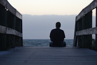 a person sitting on a dock looking out at the water