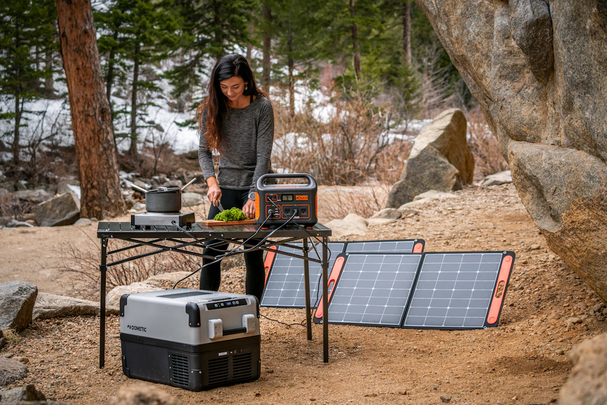Solar panels generating power for portable battery stations