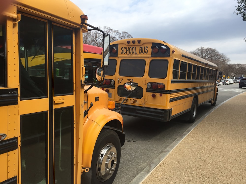 a couple of school buses parked next to each other