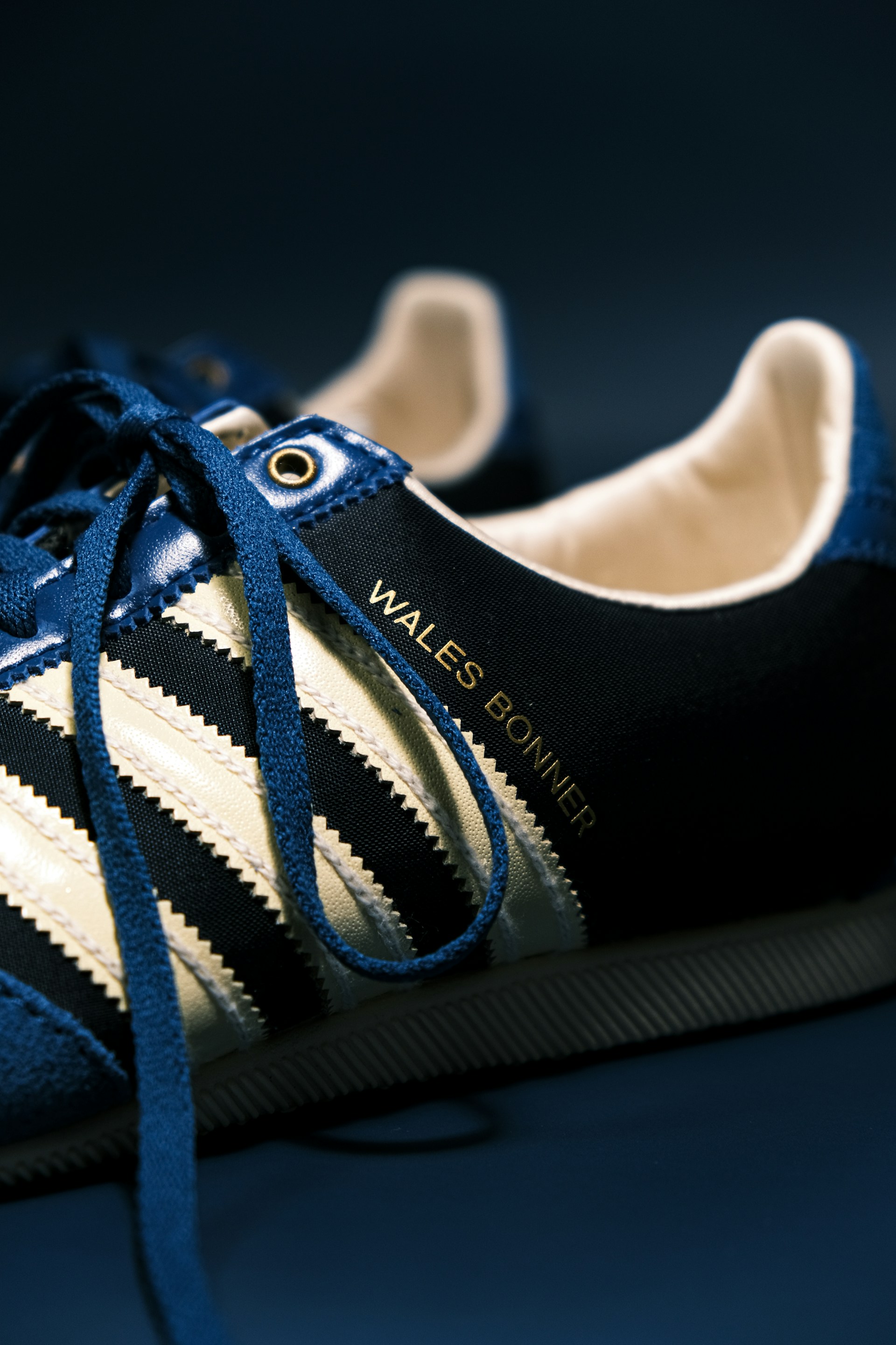 a person's shoe with a blue lace up shoe