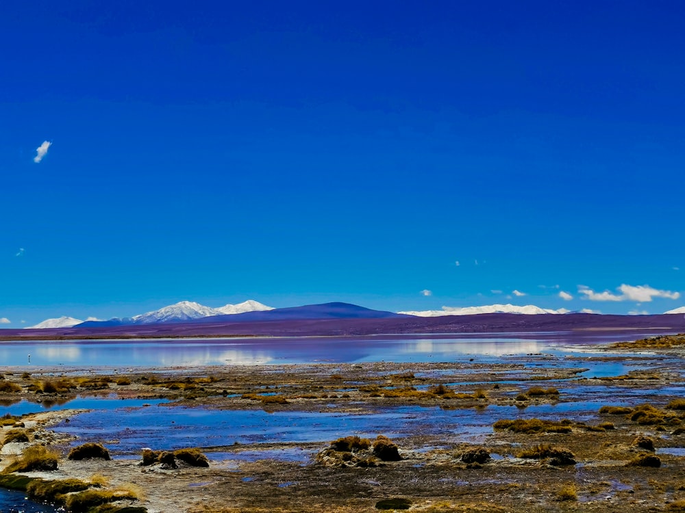 un plan d’eau avec des rochers et un ciel bleu