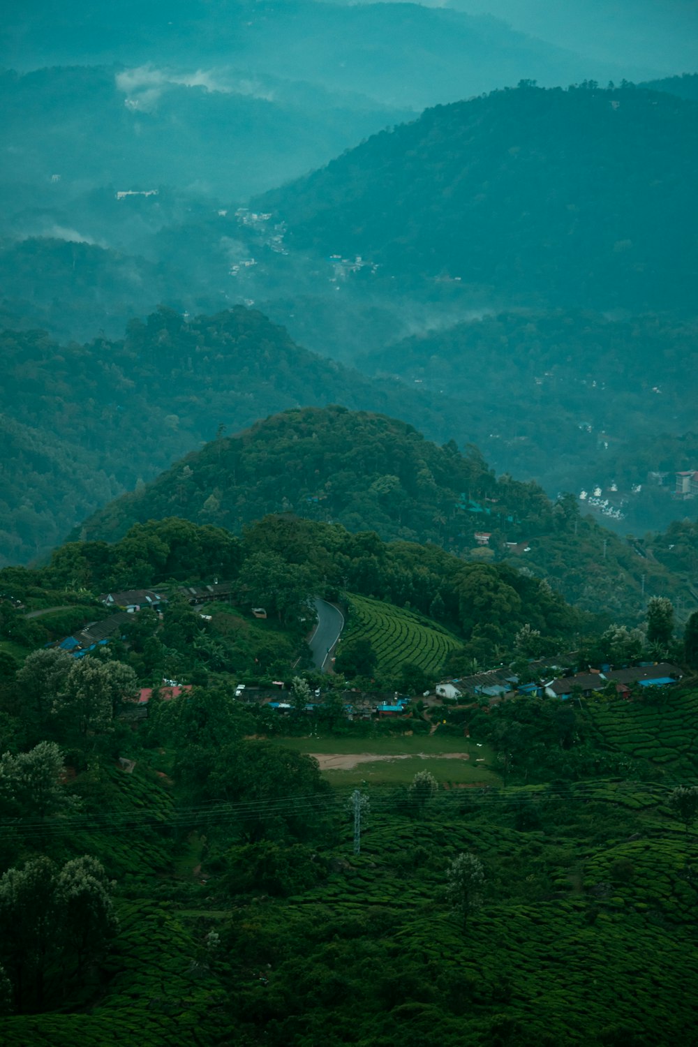 a landscape with trees and buildings