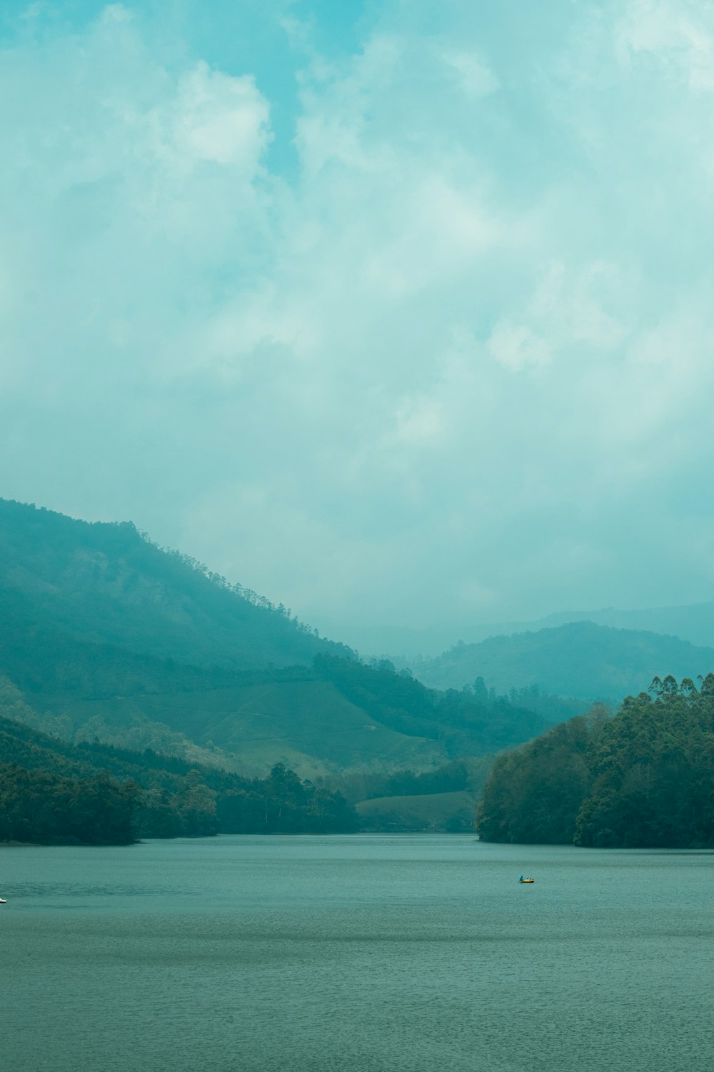 a body of water with trees and mountains in the background