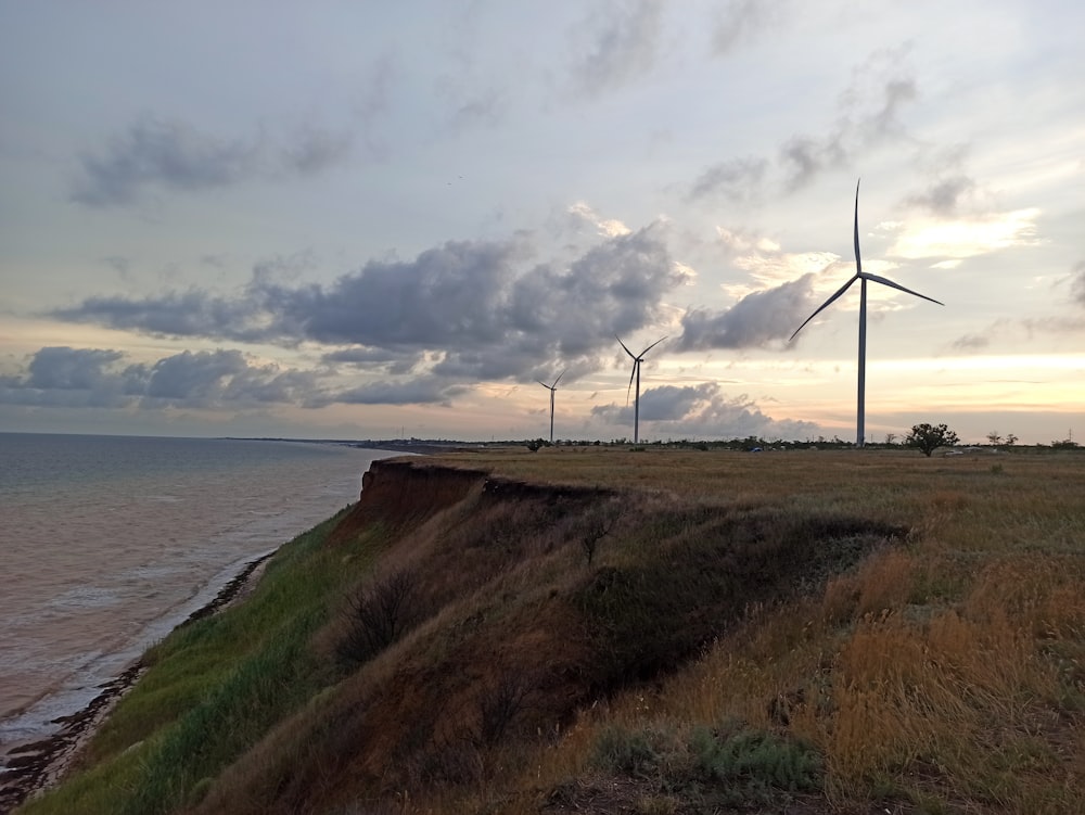 a group of wind turbines by the water