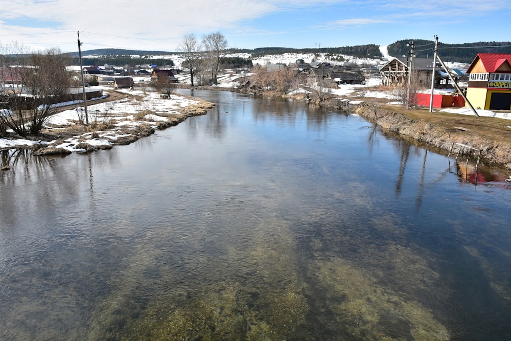 a river with houses and trees