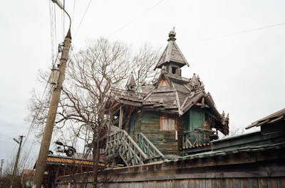 Close-up of wooden architectural details inside a rustic family house.