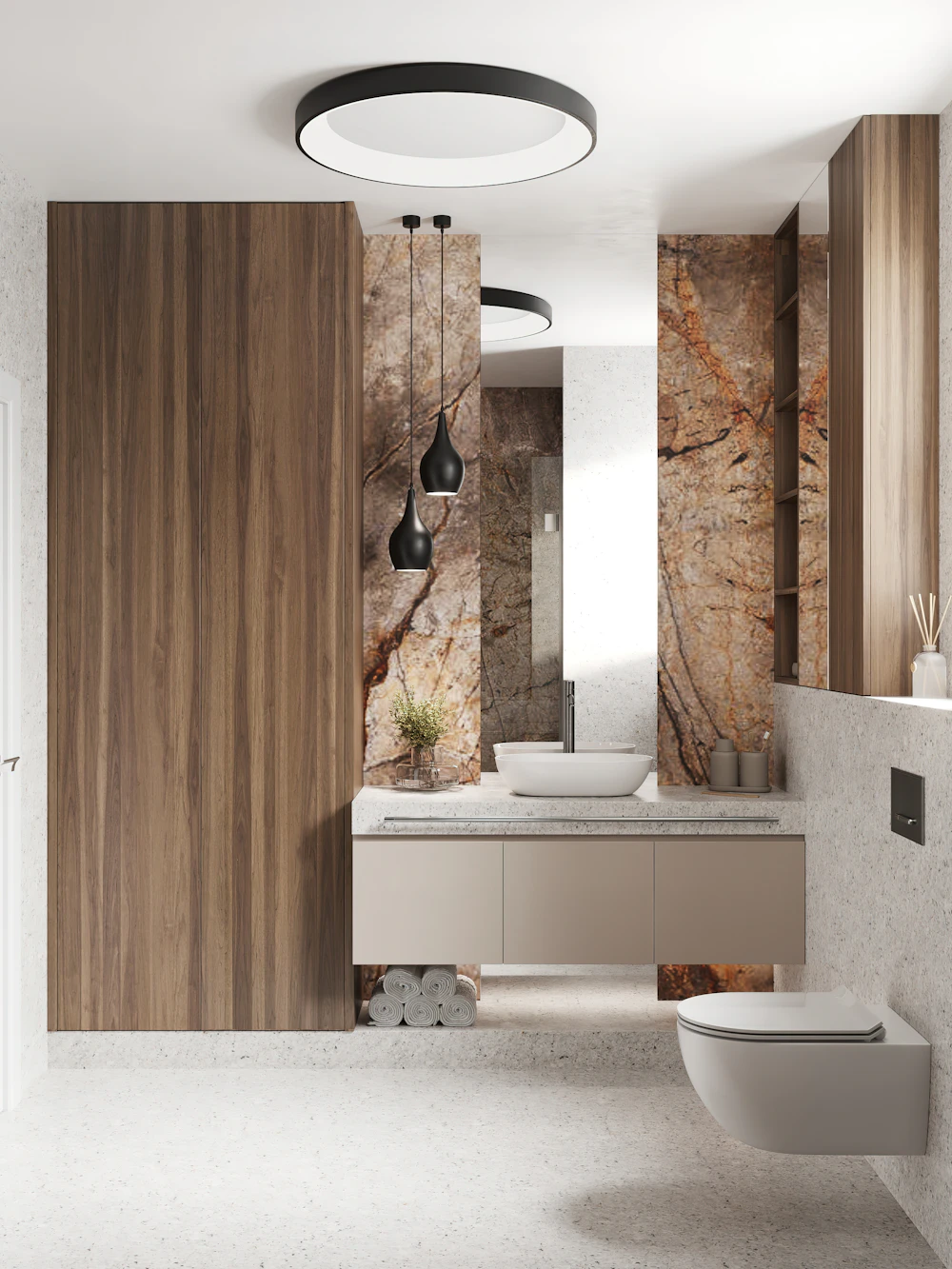 After: modern bathroom with double vanity and walk-in shower