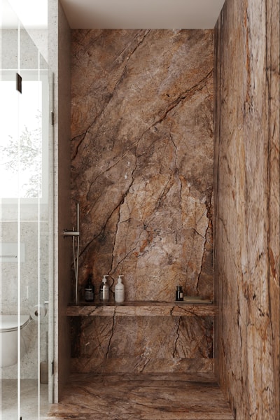 Modern bathroom shower with body wash bottles on shelf