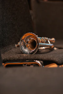 A polished silver whistle resting on a dark wooden table with a subtle spotlight.