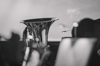 A polished brass instrument, possibly a tuba or euphonium, is prominently featured at the center. The background is soft and blurred, suggesting a performance or practice setting with music stands and other musicians. The image is in black and white, giving it a classic and timeless appearance.