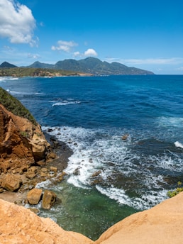 a rocky beach with a body of water and mountains in the background