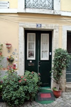 A warm, welcoming front door with a small potted plant beside it, suggesting a friendly home care environment.