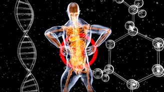 a skeleton with a red and blue body suit and long legs