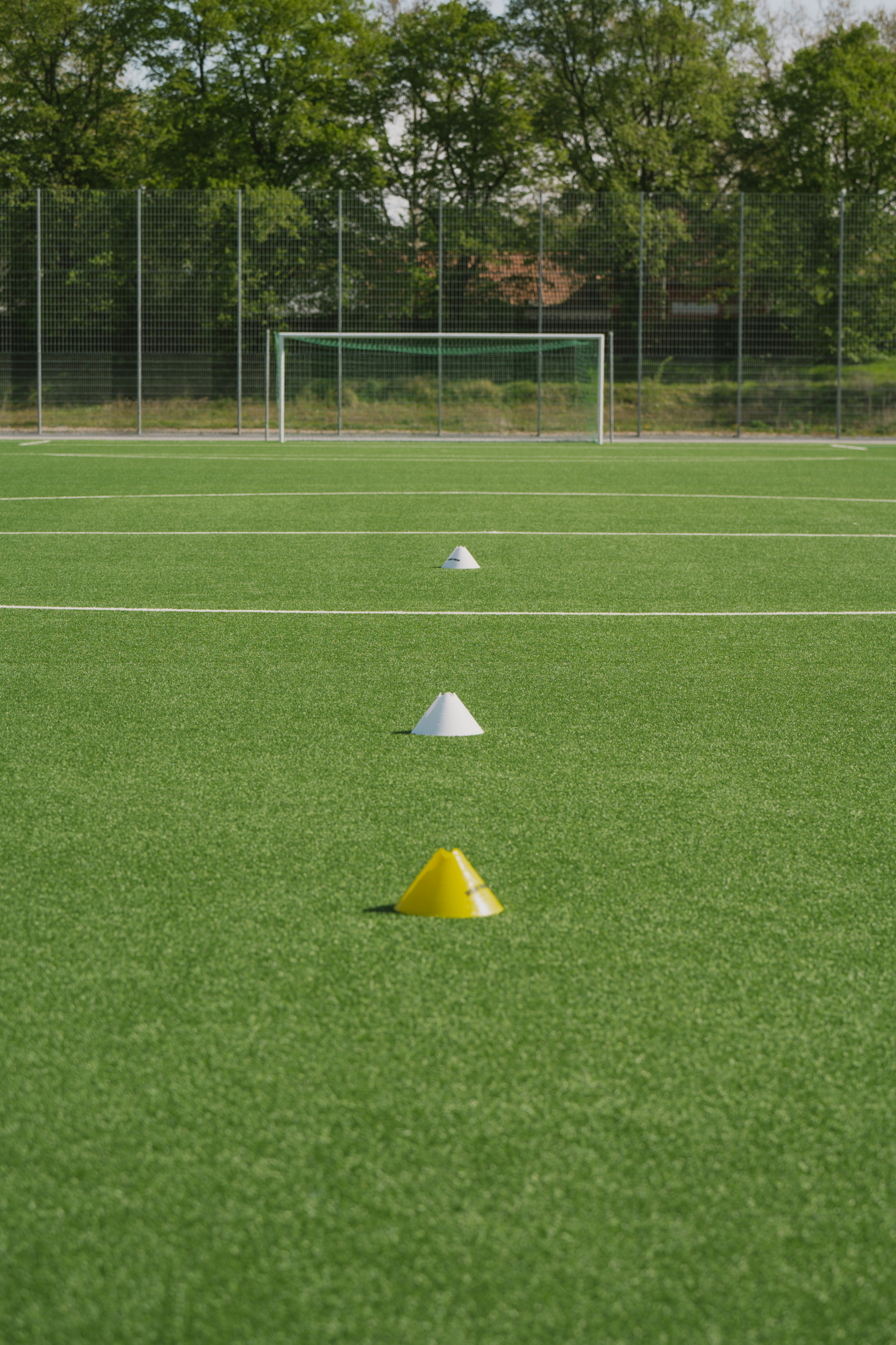 3 pylons on a soccer field, with a soccer goal in the background. ⚽️🥅