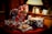 A collection of gift boxes wrapped in various plaid and striped patterns is stacked on a table. A warm lamp illuminates the scene, creating a cozy and inviting atmosphere. Greeting cards are placed in the background near a window, adding to the festive setting.