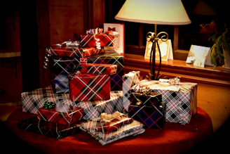 A cozy gift shop corner with wrapped presents and soft lighting