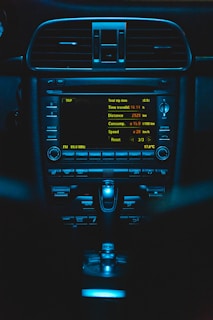 An illuminated car dashboard with detailed trip data displayed on the screen. Buttons and controls are visible below the screen, all bathed in a blue light.