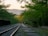 A serene landscape depicting an old railway track surrounded by lush green trees. The tracks lead towards a distant view of hills under a pale sky. A few people are walking along the tracks, adding a sense of scale and activity to the tranquil setting.