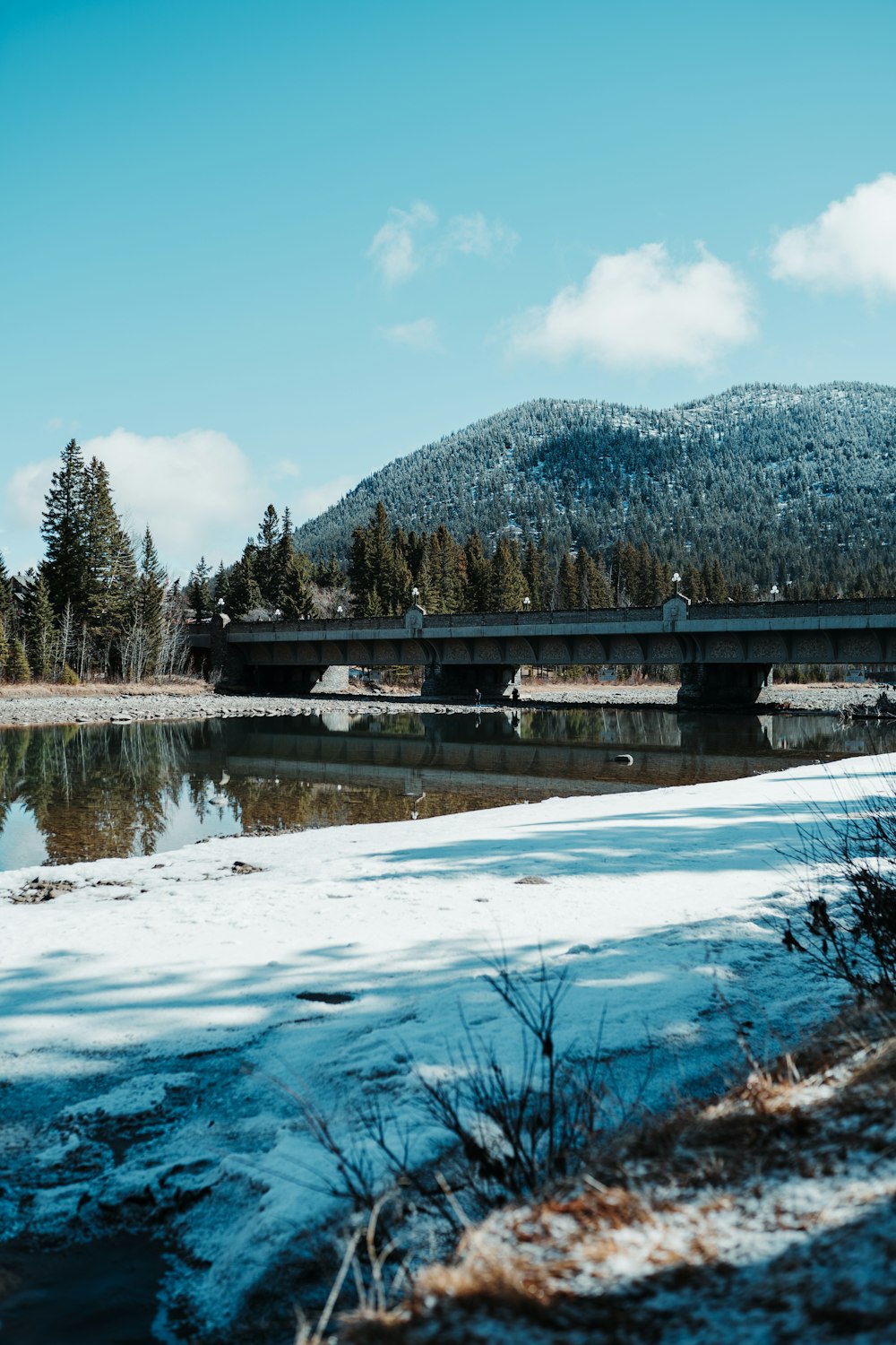 a bridge over a body of water with snow and trees in the background