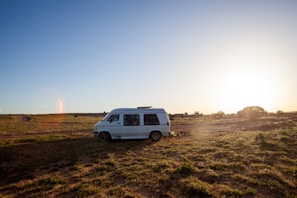 A camper van driving down an open country road with golden fields on each side.