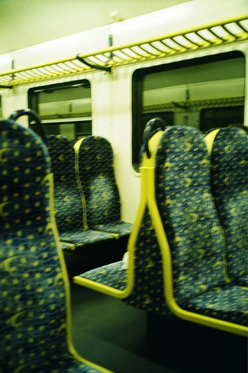 a bus with green seats