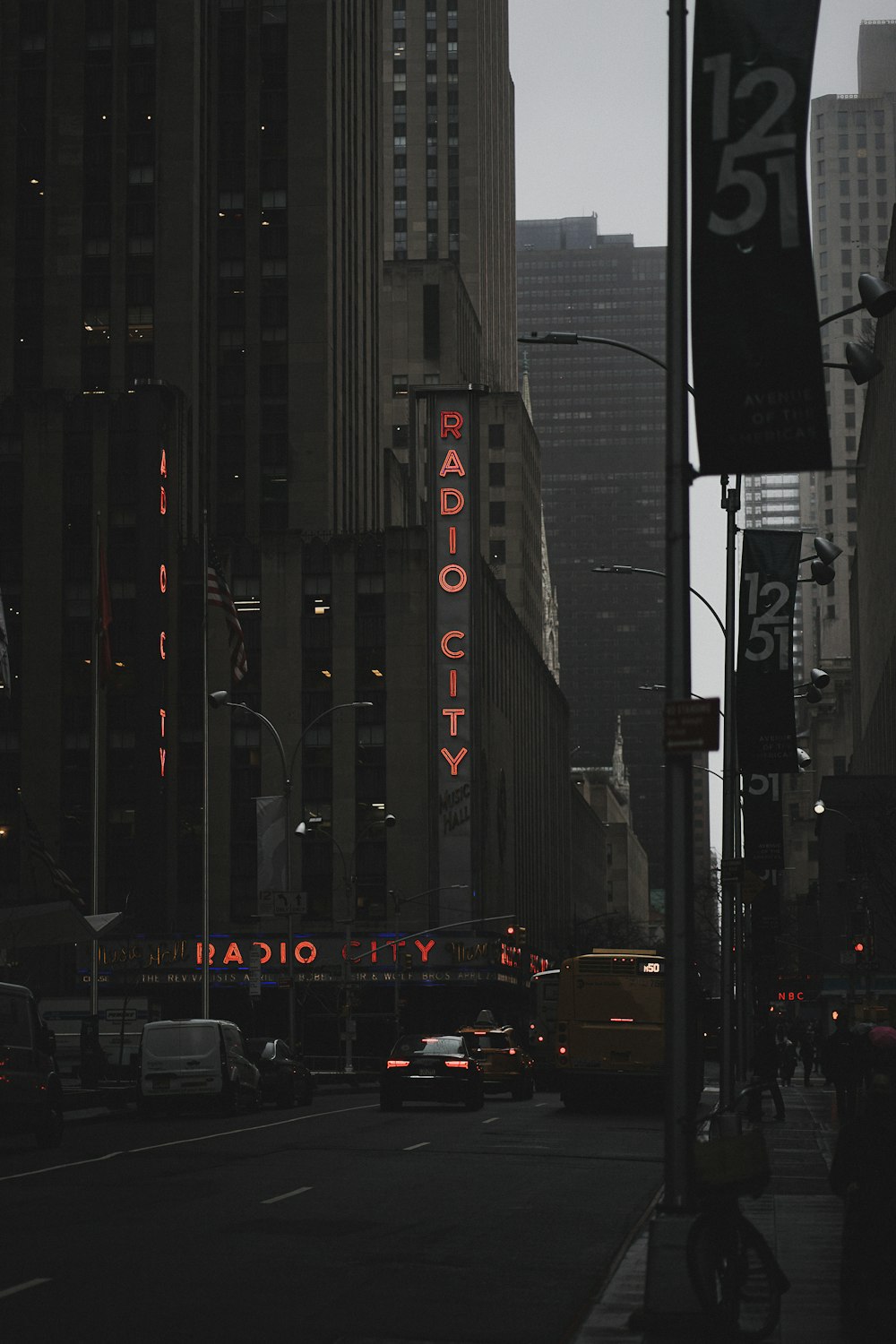 a city street with tall buildings