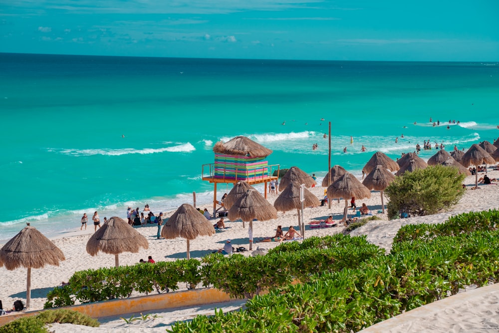 a beach with umbrellas and people