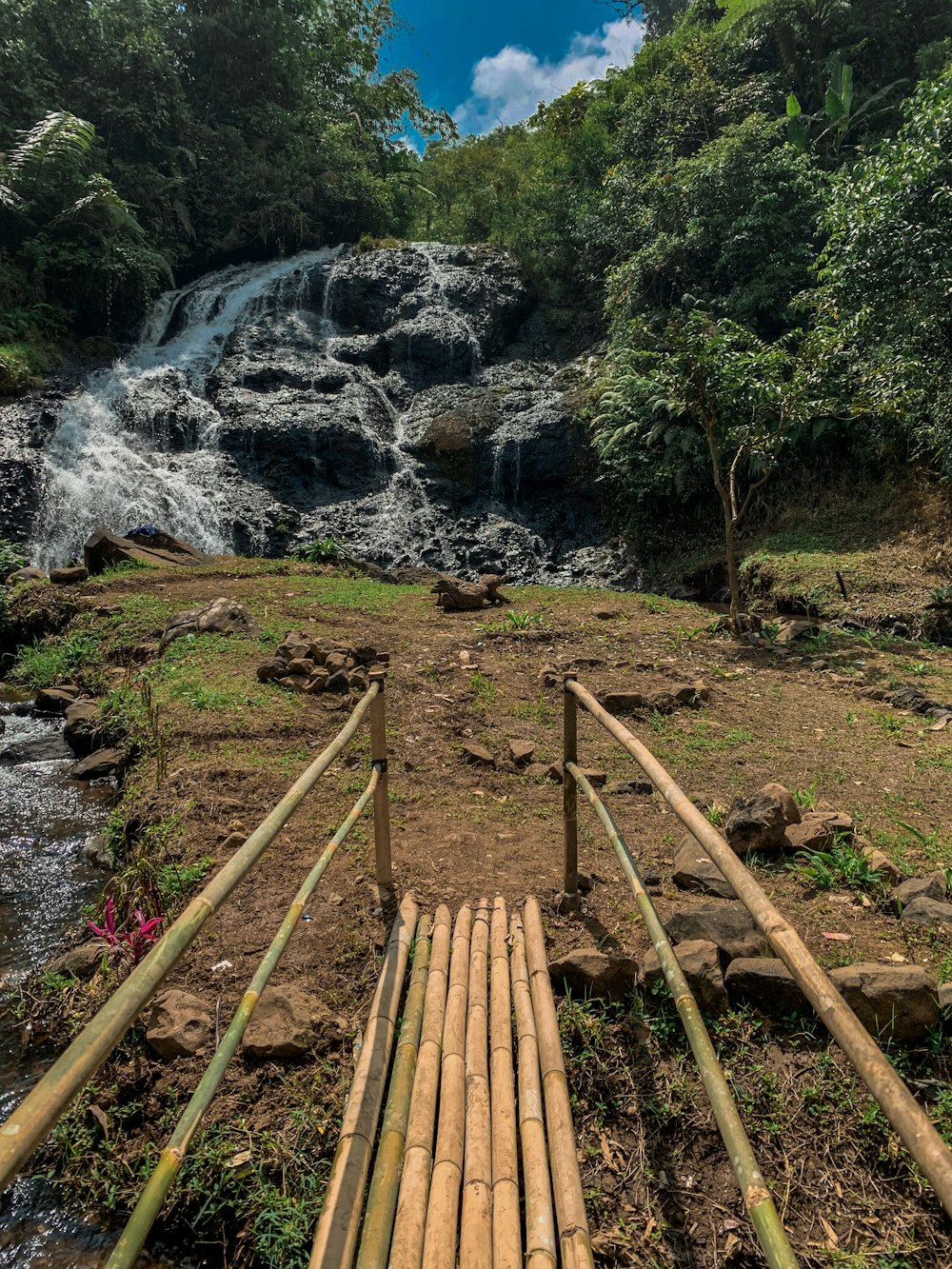 a wooden bridge over a river