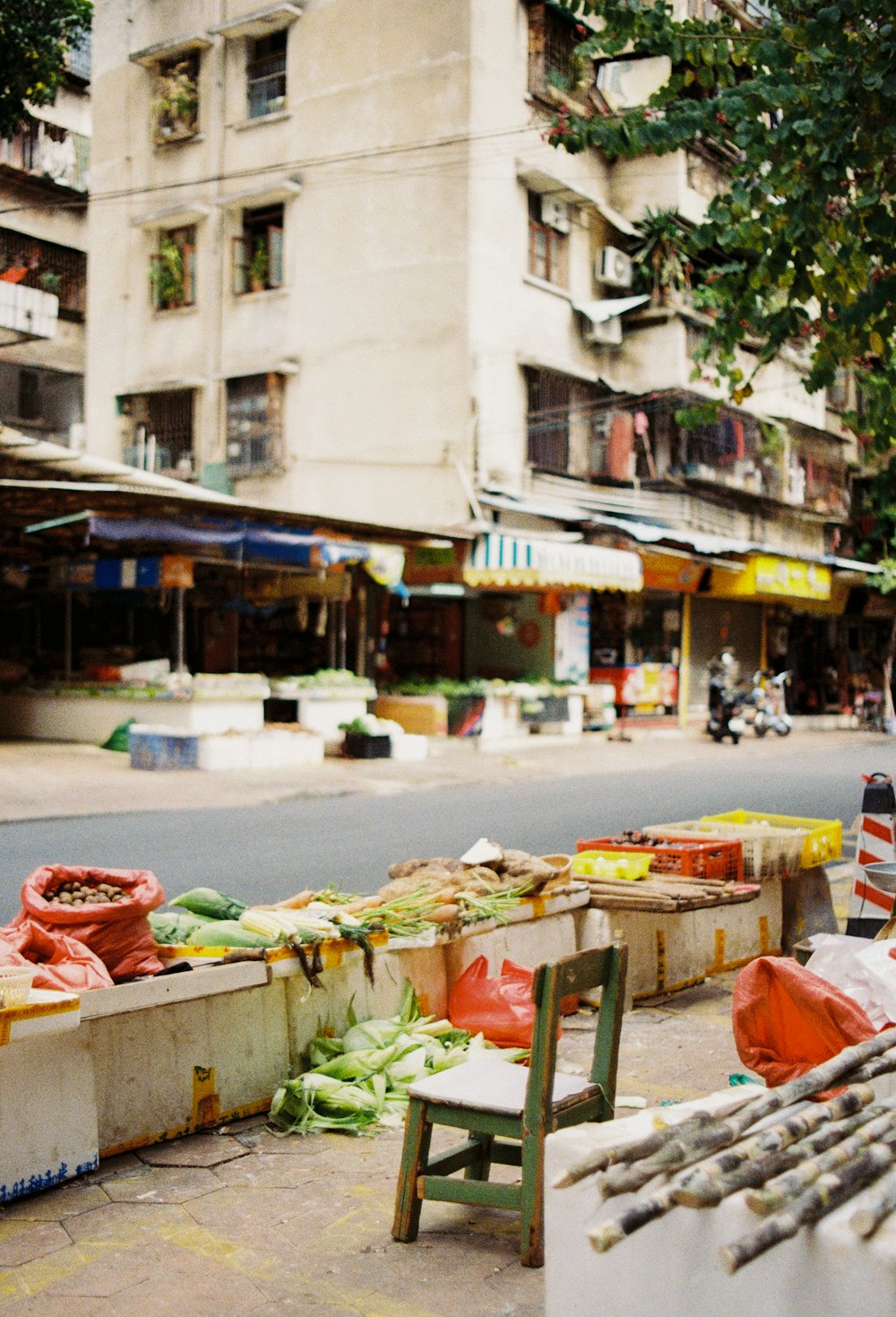 a street is filled with produce