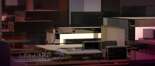 A framed abstract cityscape with deep noir black background and rich gold accents.