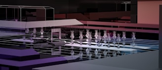 A digital, geometric landscape featuring stylized structures resembling a futuristic city. In the foreground, reflective surfaces and abstract plants create an intricate pattern, while muted tones suggest a night scene.