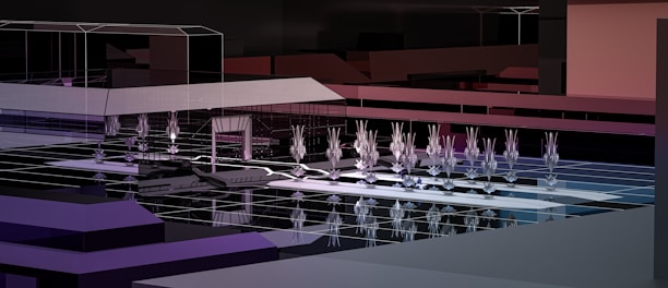 A sleek dark-themed digital cityscape illuminated by glowing quantum circuits and AI data streams.