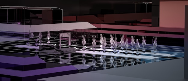 A digital, geometric landscape featuring stylized structures resembling a futuristic city. In the foreground, reflective surfaces and abstract plants create an intricate pattern, while muted tones suggest a night scene.