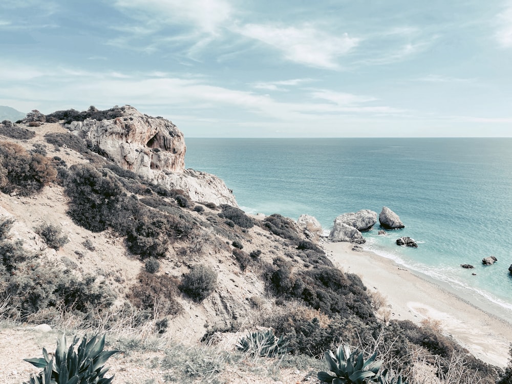 a rocky beach with a body of water in the background