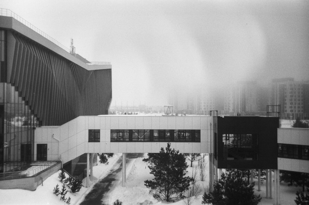 a building with a snowy ground