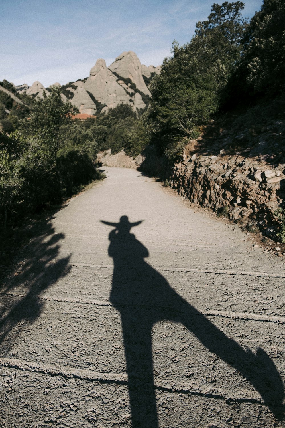 a person's shadow on a dirt road with trees and mountains in the background