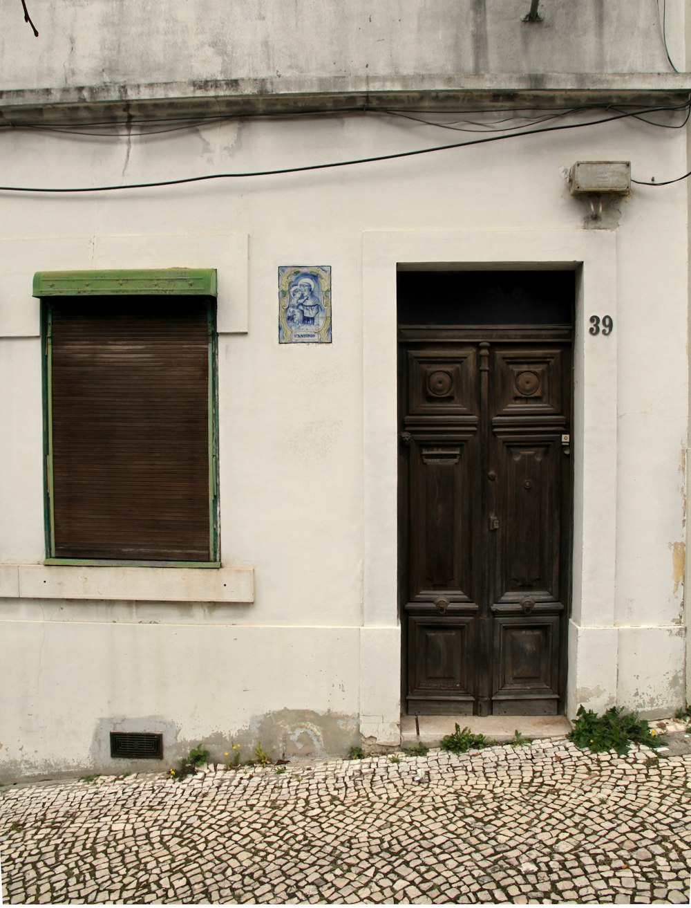 a building with a black door