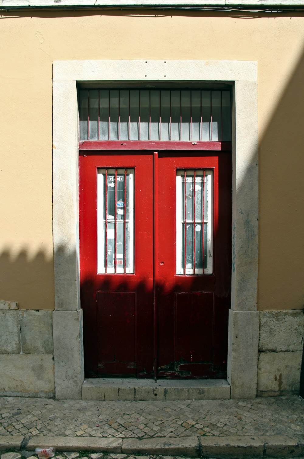 a red door with a window