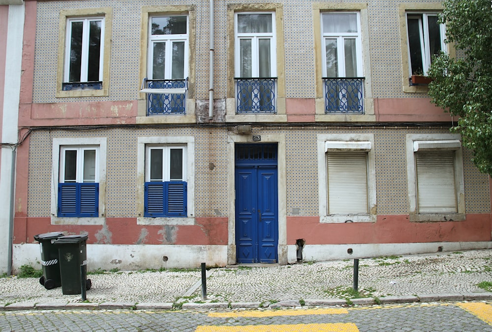 a building with blue doors